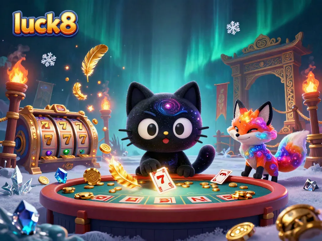 Experience the cosmic casino with luck8, where a black hole cat attracts winning chips and cards in a vibrant scene.