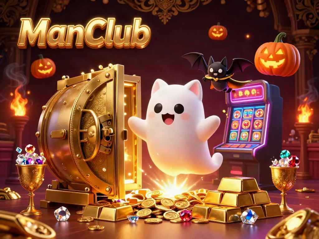 Experience the thrilling ManClub with an energetic casino scene featuring glowing characters and Jack-o-lanterns.