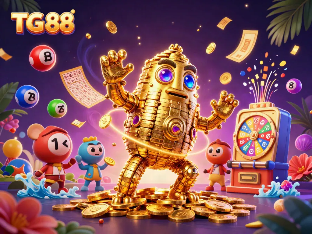 Engaging 3D illustration of TG 88 showcasing a golden golem surrounded by dynamic gambling elements.