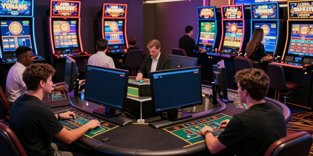 Enthusiastic players engaging in online betting at FABET showcasing diverse gaming activities and dynamic casino atmosphere.