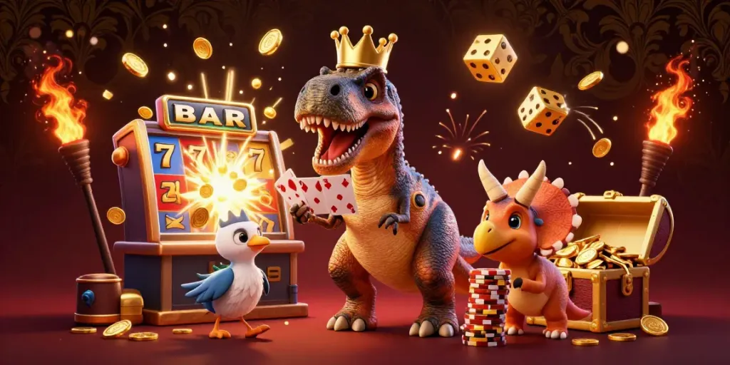 Experience the thrill of 11betvip with a T-Rex shuffling cards and a baby triceratops stacking chips in a vibrant casino scene.