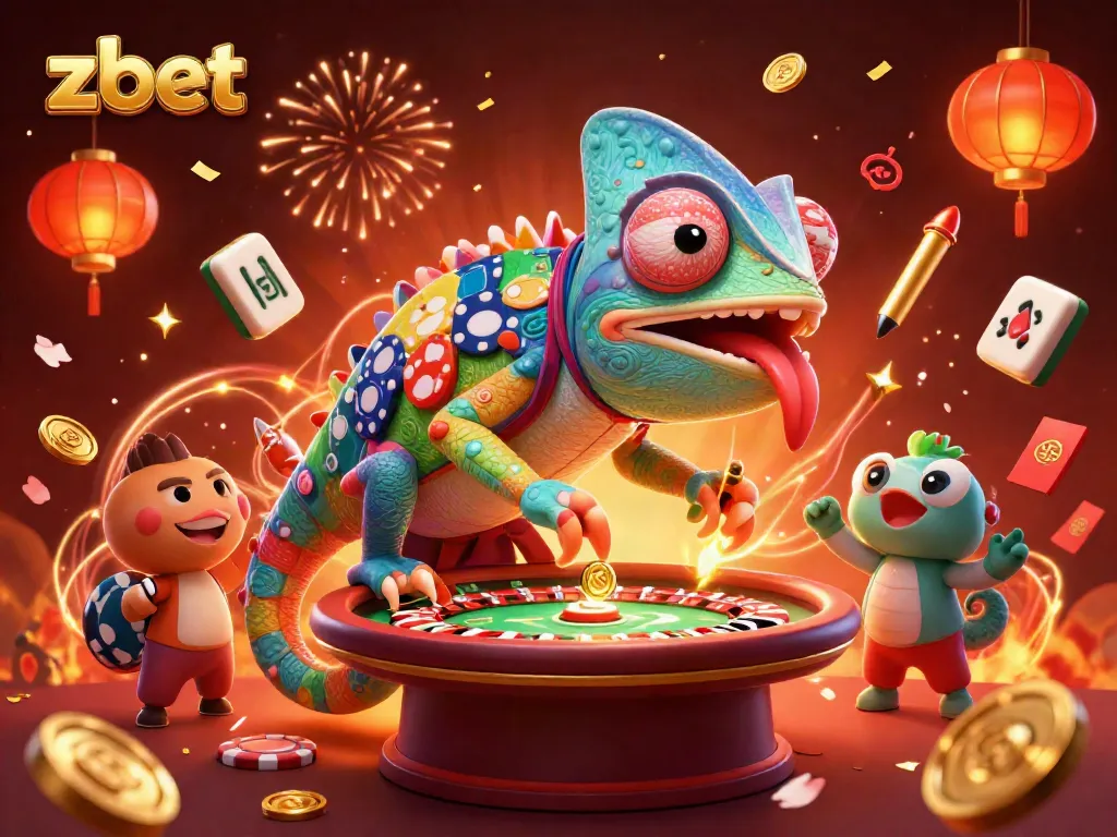 Engage in thrilling gameplay at zbet, witnessing a vibrant casino scene with dynamic characters and festive elements.