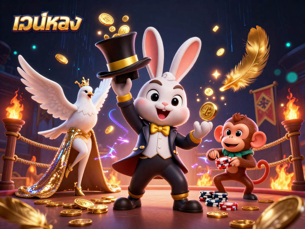 Experience เว็บตรง casino excitement with a magician rabbit pulling coins, a dove, and a monkey amidst vibrant gambling elements.