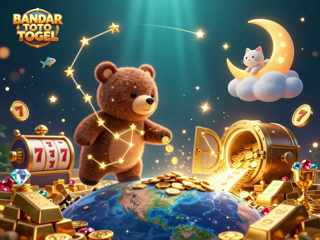 BANDAR TOTO TOGEL wins with a bear scooping coins surrounded by vibrant gambling elements.