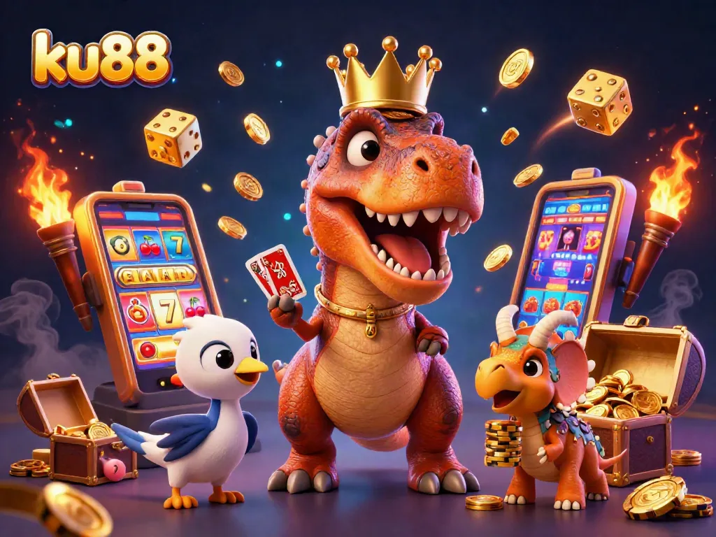 Experience thrilling wins at ku88 casino with a vibrant 3D illustration featuring animated characters and dynamic gaming elements.