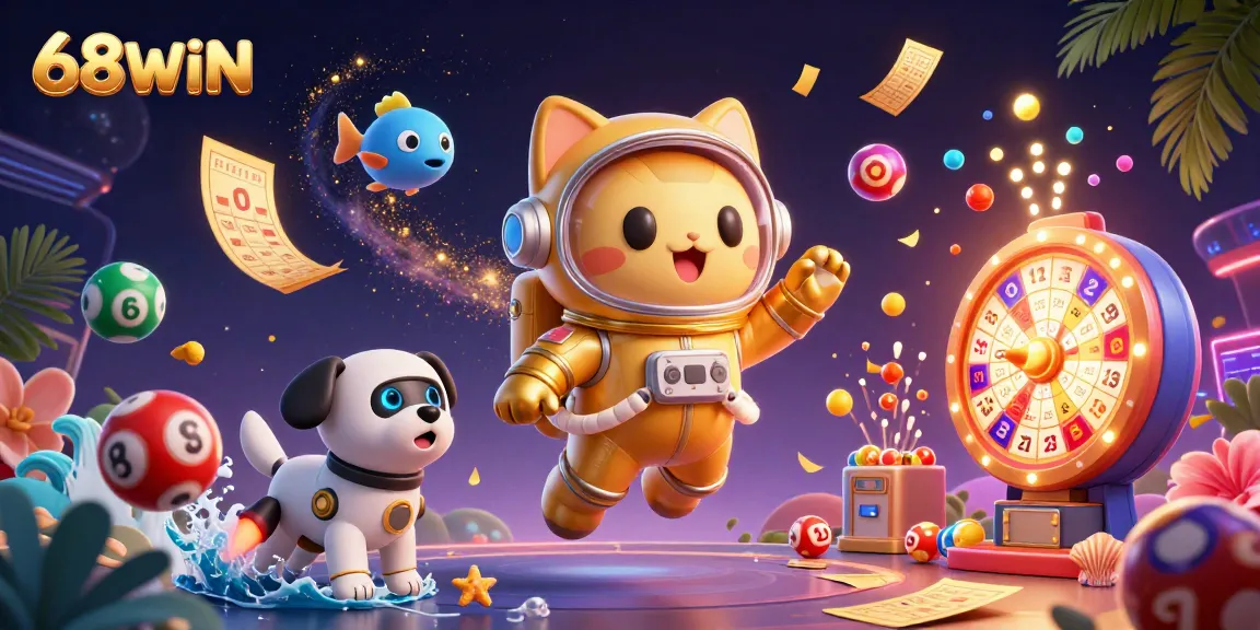 Spin and win with vibrant lottery elements and 68WIN highlights in an exciting 3D scene.