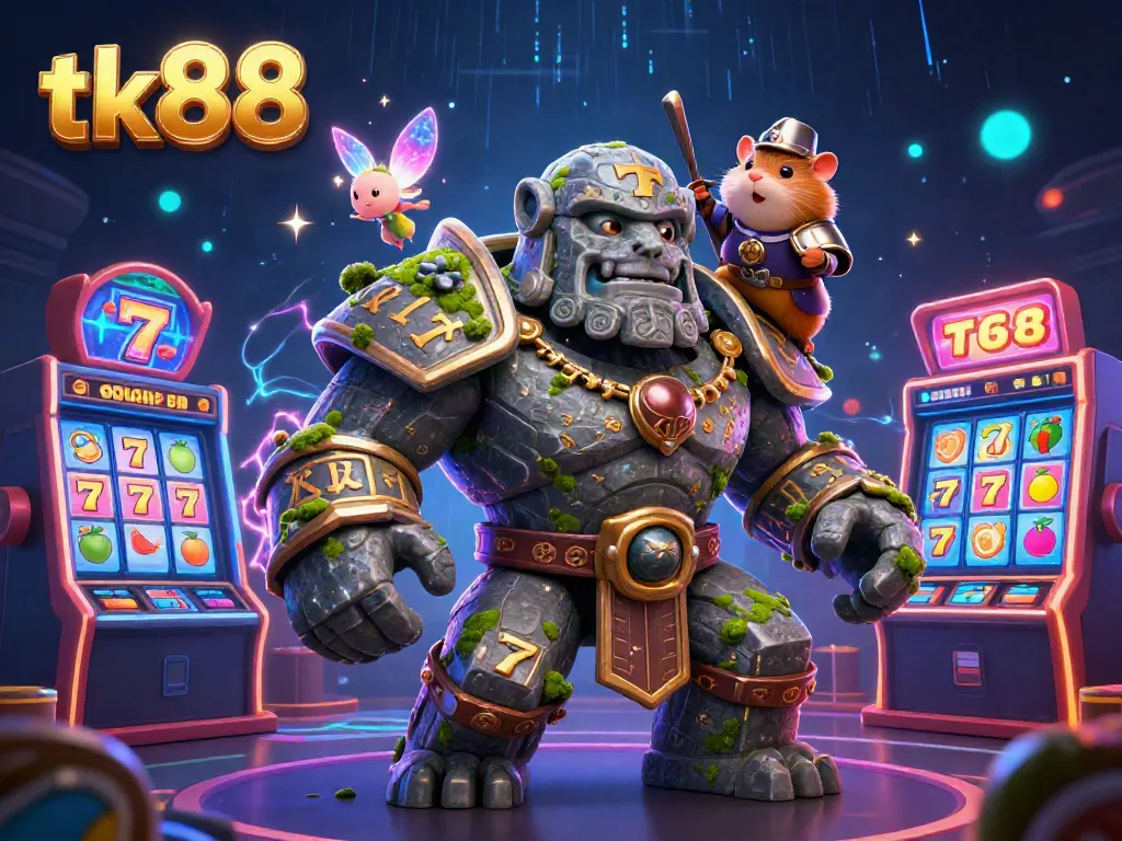 Spin the jackpot at tk88 with an enchanting scene featuring a magical golem, fairy, and hamster knight.