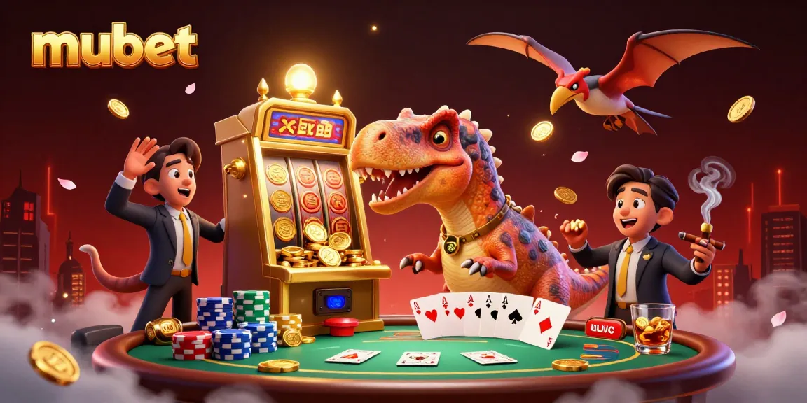 mubet illustrates a vibrant casino scene with a dinosaur and a slot machine paying out coins