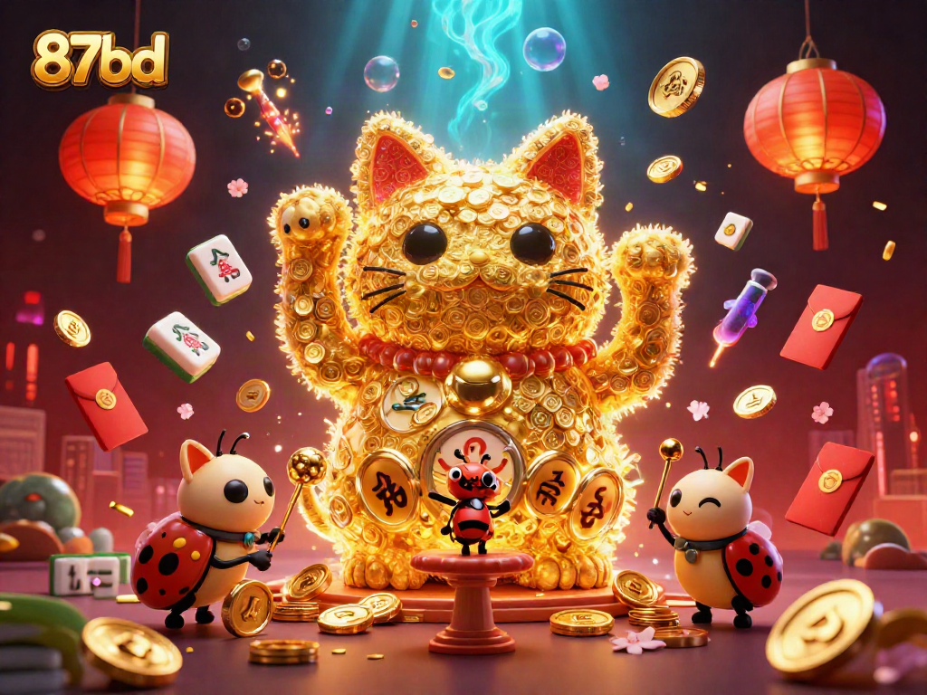 Engage with the visually captivating world of 87bd featuring a lucky cat and vibrant casino symbols.