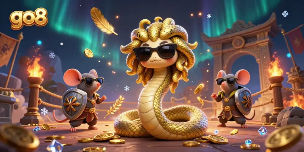 Experience thrilling online betting with go8 in this vibrant illustration featuring Medusa and dynamic casino elements.