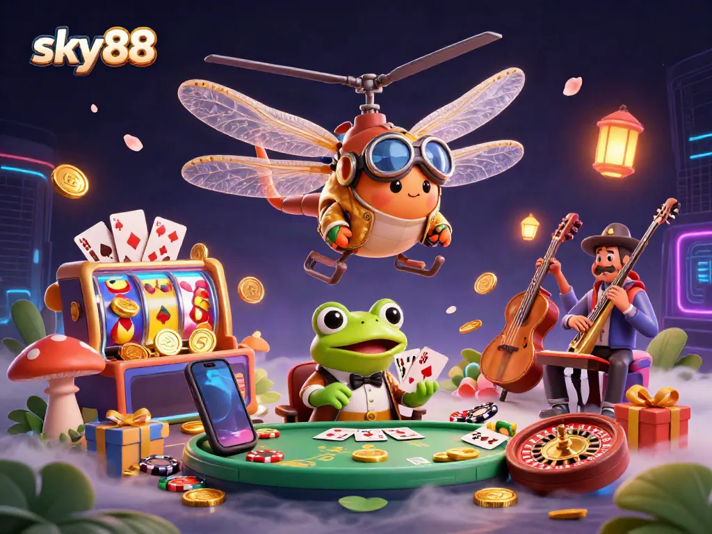 Experience the thrilling world of sky88 with a vibrant scene featuring a dragonfly pilot and frog croupier in a dynamic casino setting.