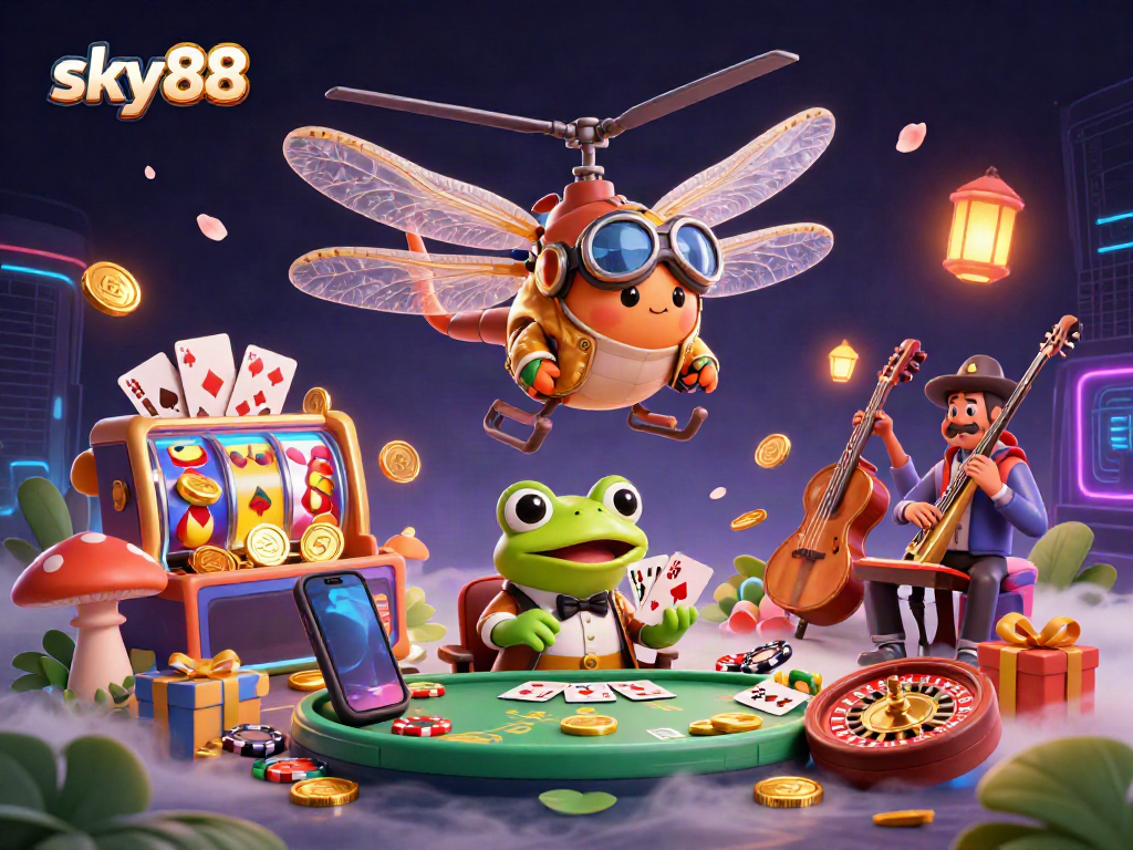 Experience the thrilling world of sky88 with a vibrant scene featuring a dragonfly pilot and frog croupier in a dynamic casino setting.