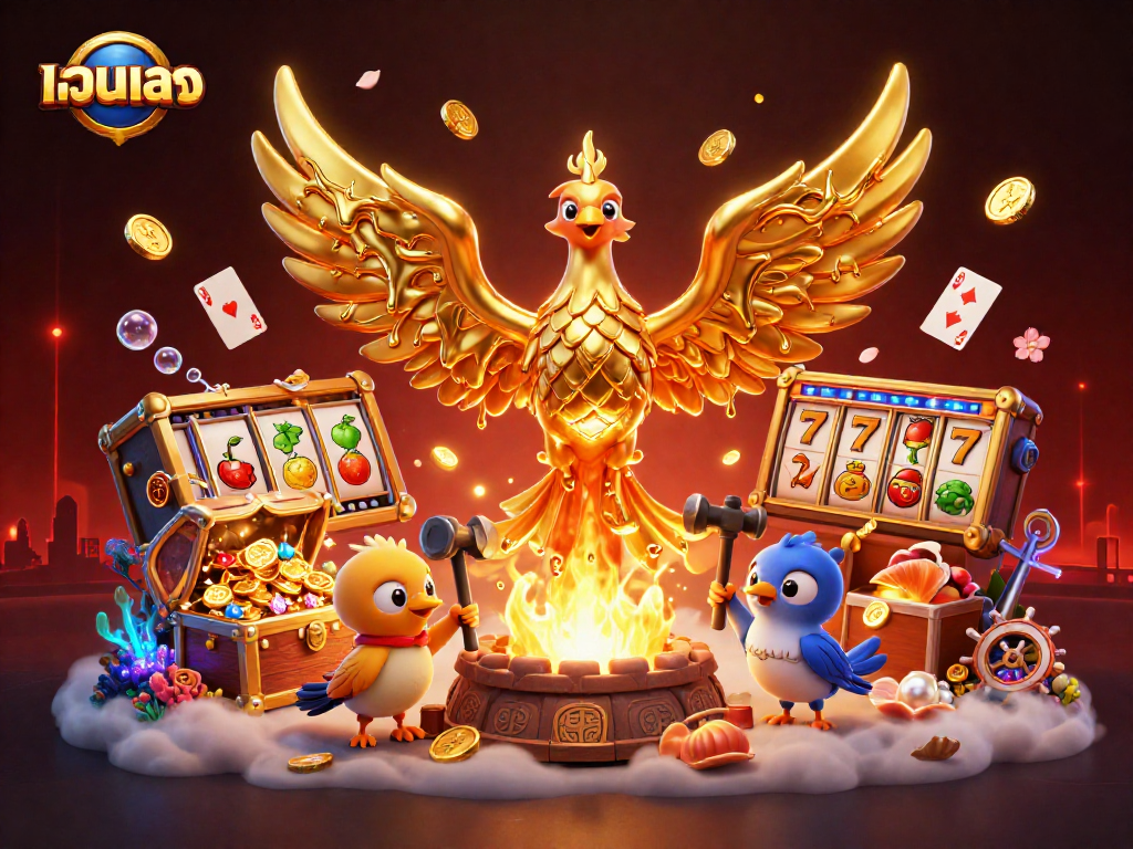 Spin the เว็บตรง slots with enchanting golden phoenix and vibrant gems in this dazzling illustration.