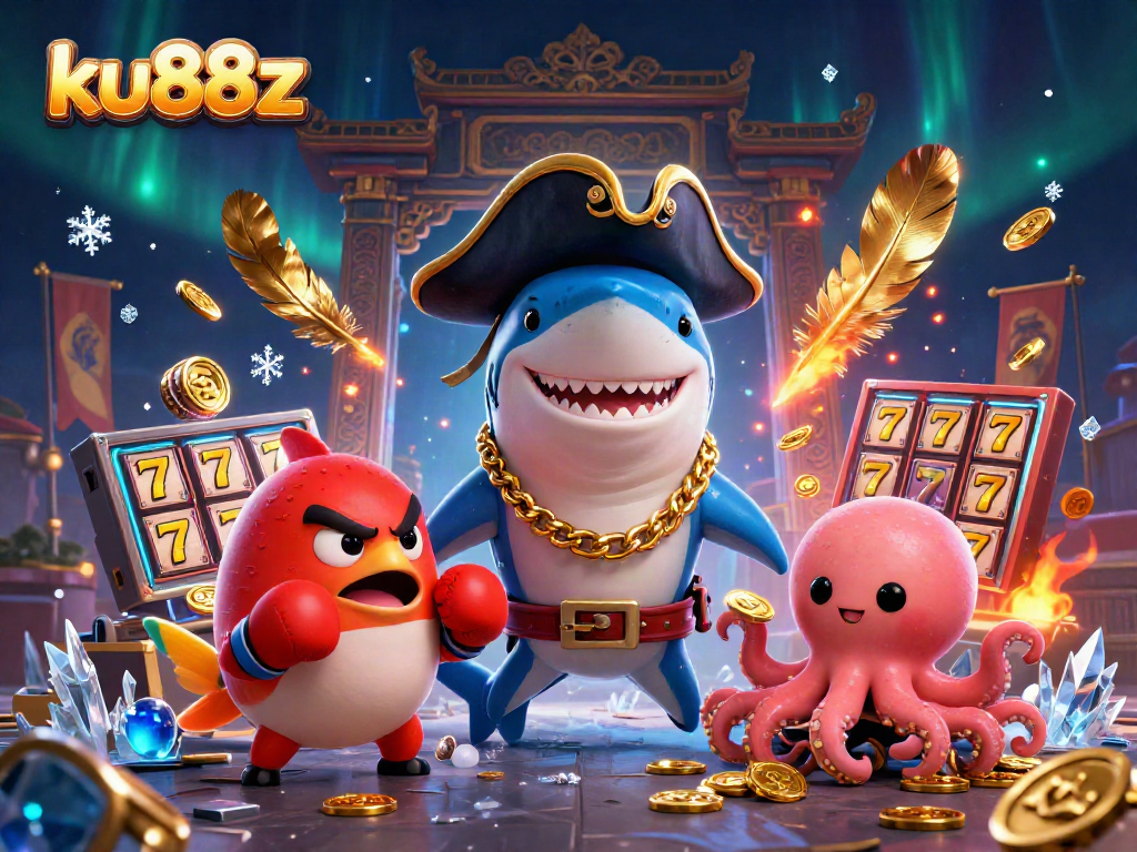 Experience exciting gameplay at ku88z with a pirate shark and friends surrounded by slot games.