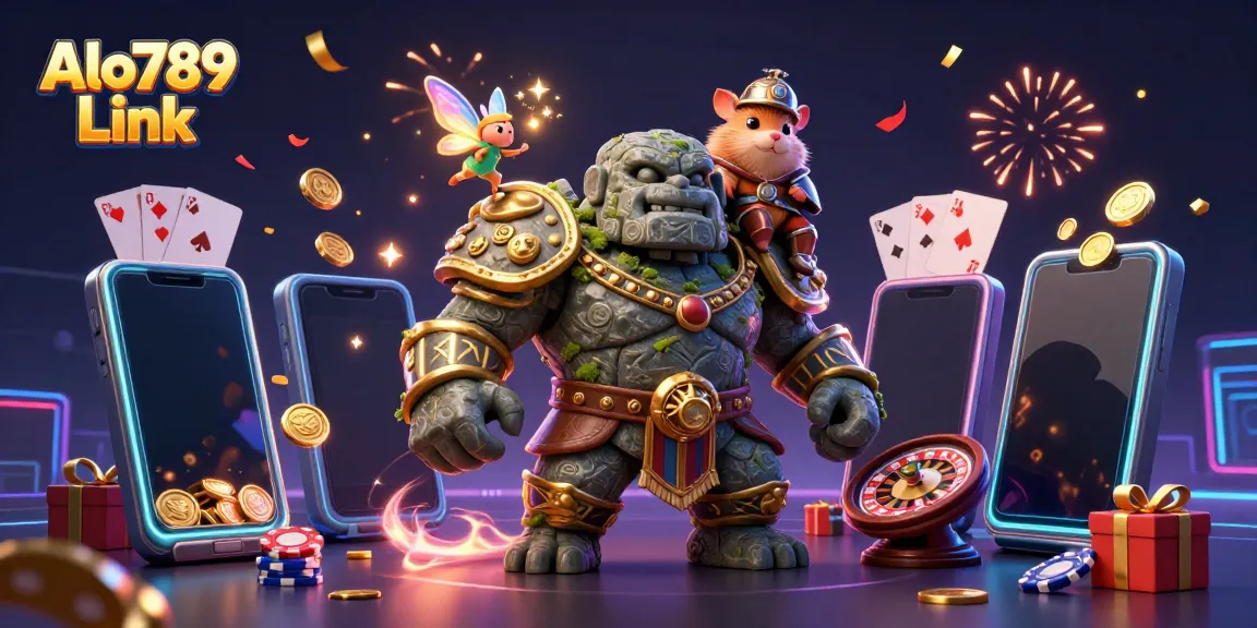 Engaging scene showcasing Alo789 Link with a golem, fairy, and hamster knight amidst vibrant casino elements.