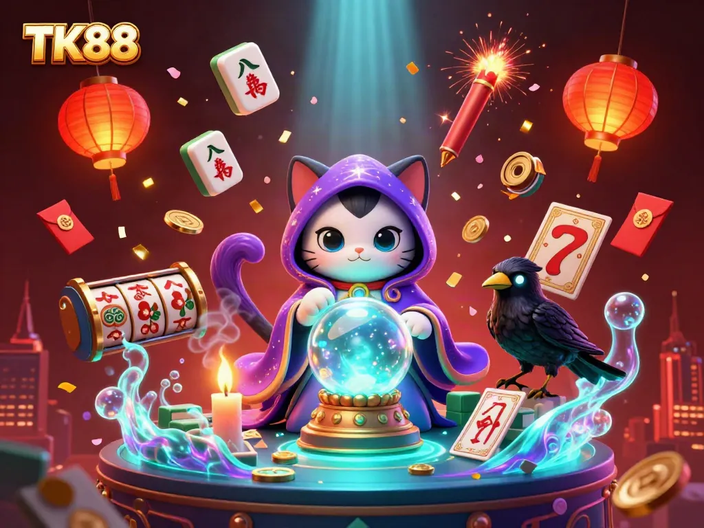 Experience the vibrant casino energy with TK88's mystical charm through a captivating 3D illustration.
