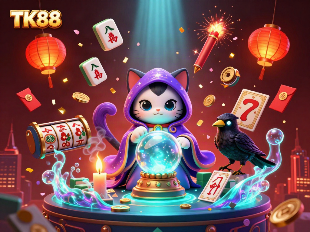 Experience the vibrant casino energy with TK88's mystical charm through a captivating 3D illustration.
