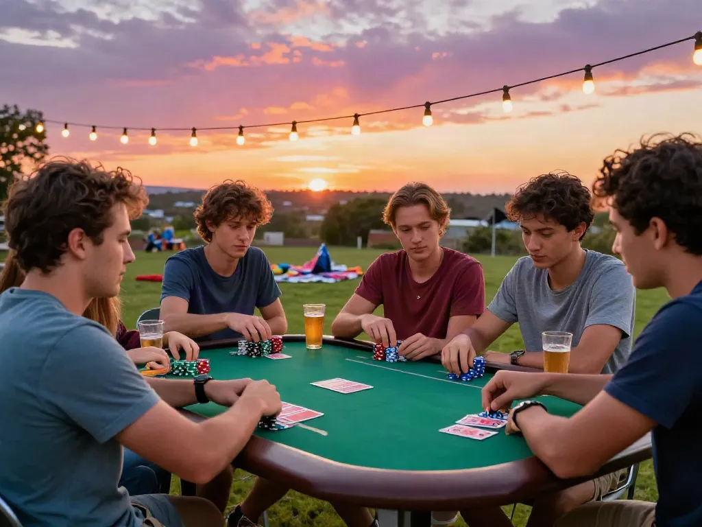 Friends enjoying a lively outdoor poker game at https://man88pro.com/ during sunset.