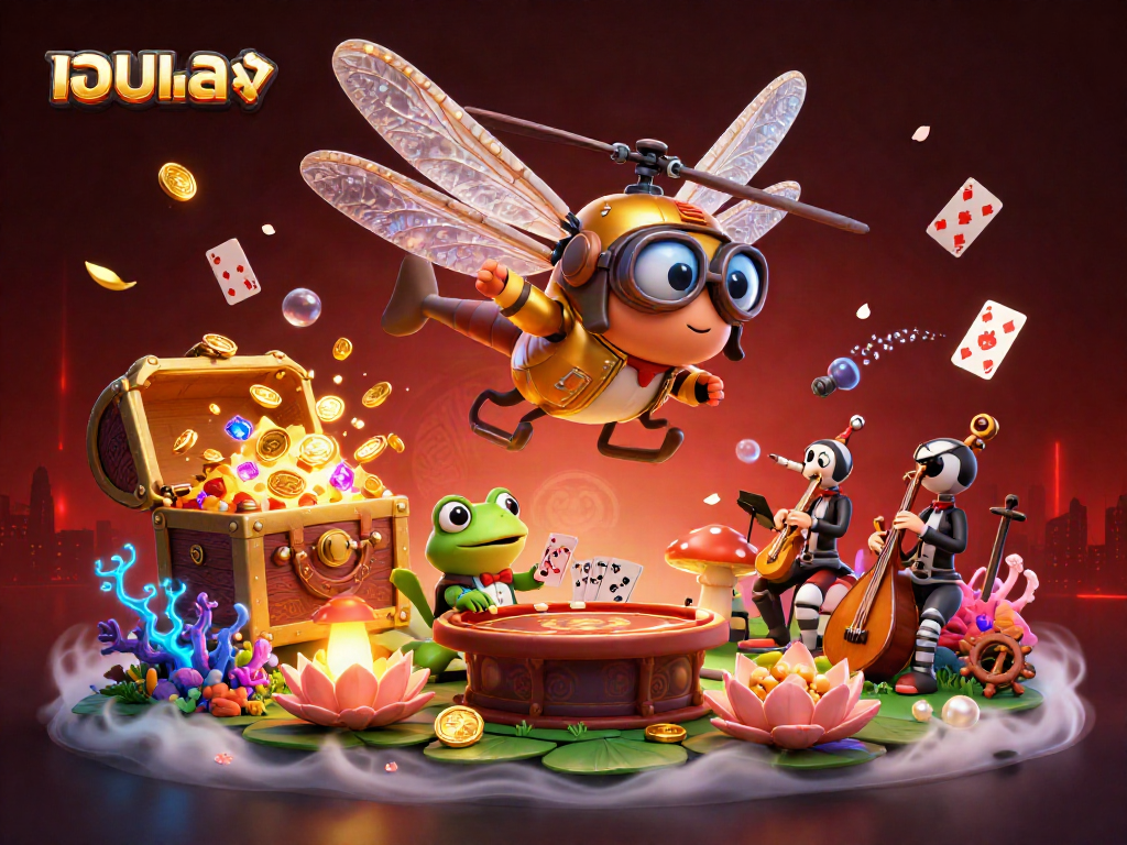 Experience the excitement of เว็บตรง casino games with a vibrant dragonfly pilot and frog croupier