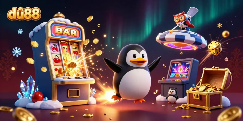 Experience excitement with du88 as a golden penguin rockets toward a casino, surrounded by a jackpot explosion.