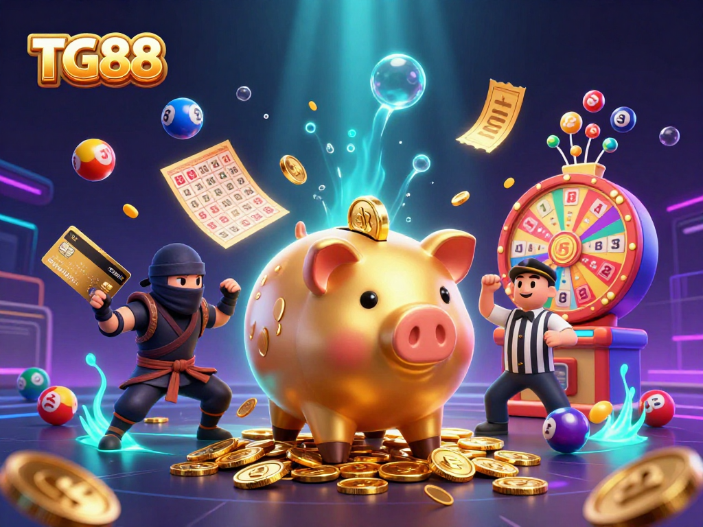 Engage in thrilling gaming experiences at TG88 with action-packed visuals of vibrant lottery elements and dynamic characters.