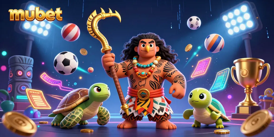 Join the gambling excitement with Mubet's vibrant 3D casino illustration featuring sports elements and lively characters.