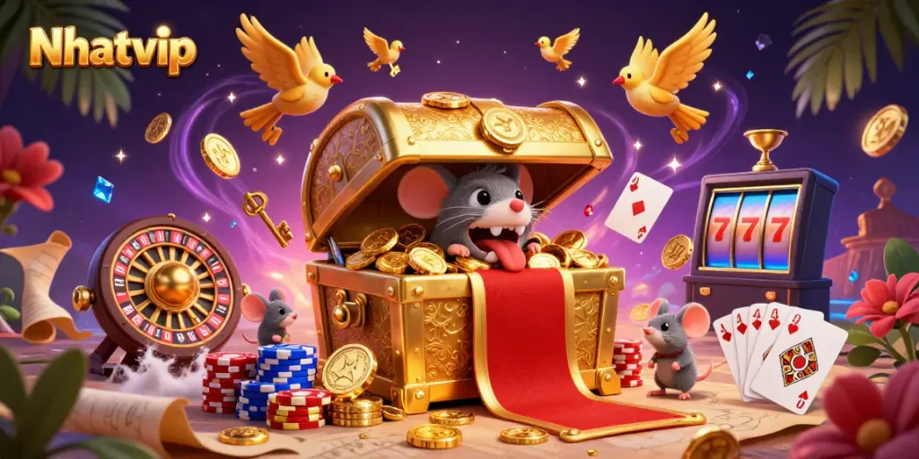 Nhatvip invites excitement and winning strategies with a rich casino scene featuring vivid elements of gambling.