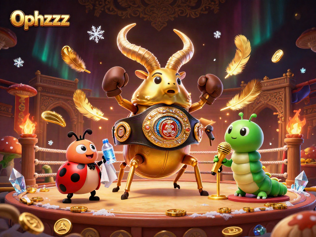 0phzzz features an epic showdown with a golden stag beetle champion in a vibrant casino atmosphere.