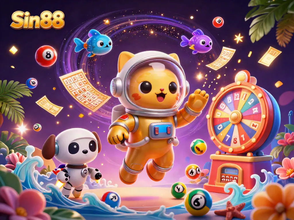 Engage with Sin88's vibrant casino world through floating lottery balls, bingo cards, and dynamic energy!