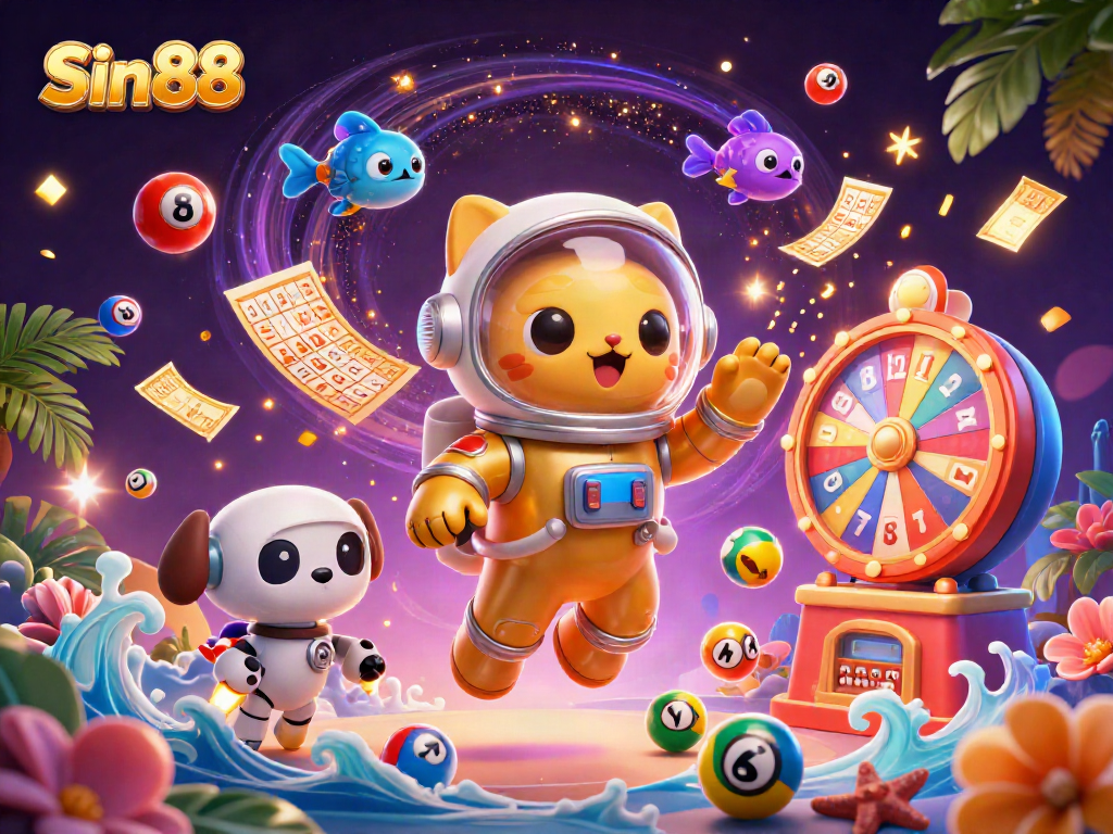 Engage with Sin88's vibrant casino world through floating lottery balls, bingo cards, and dynamic energy!