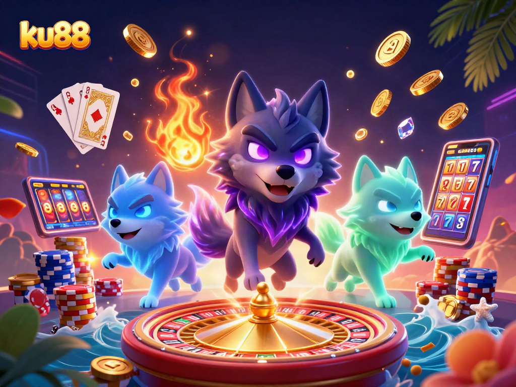 ku88 captures excitement in a 3D gaming scene with glowing wolves, coins, and vibrant colors