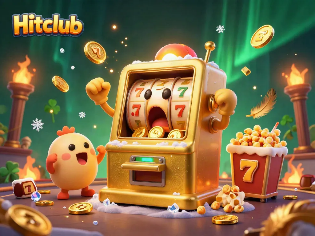 Experience high-energy gaming at Hitclub with a lively slot machine and golden prizes bursting forth.