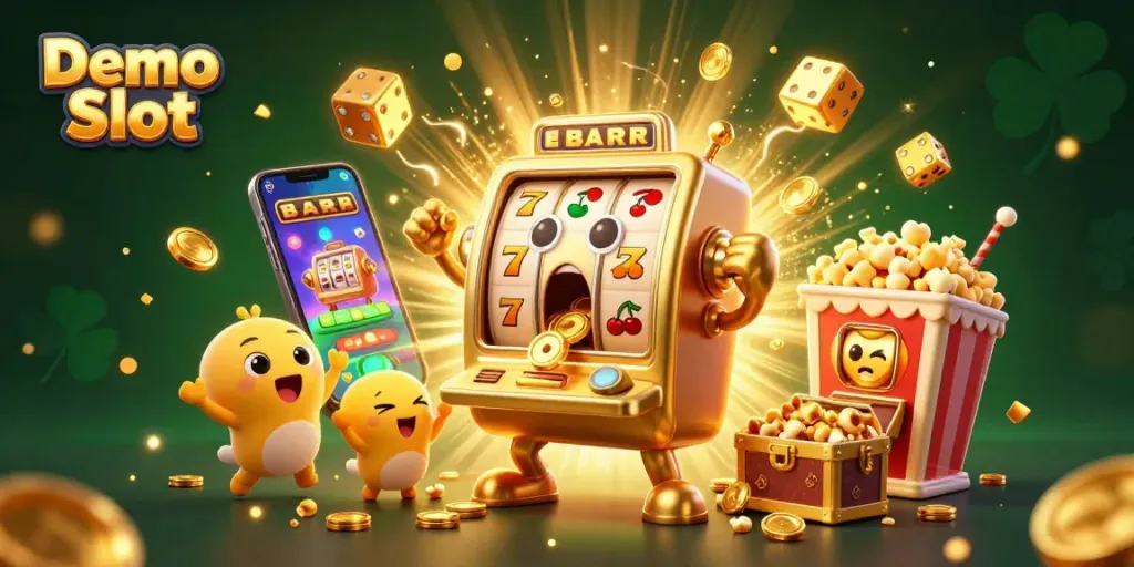 Spin the Demo Slot as golden coins pour out thrillingly from its surprised face in a vibrant casino scene.